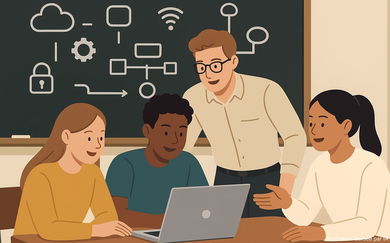 Illustration présentant un groupe collaborant devant un ordinateur